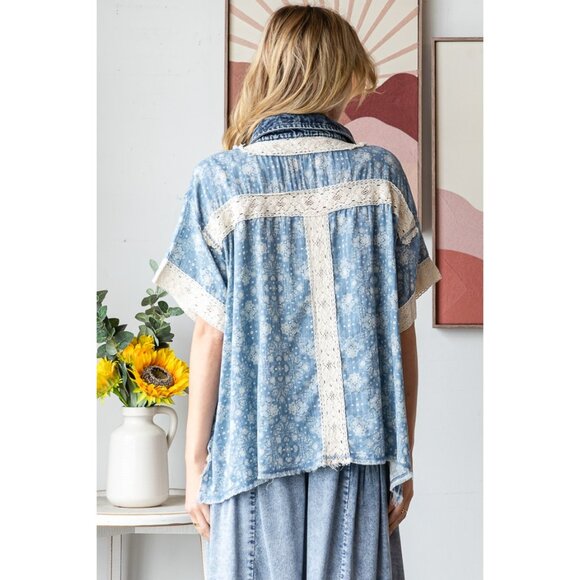 Oli & Hali Washed Crochet Patchwork Button Down Shirt NWOT Size Medium - Picture 6 of 6